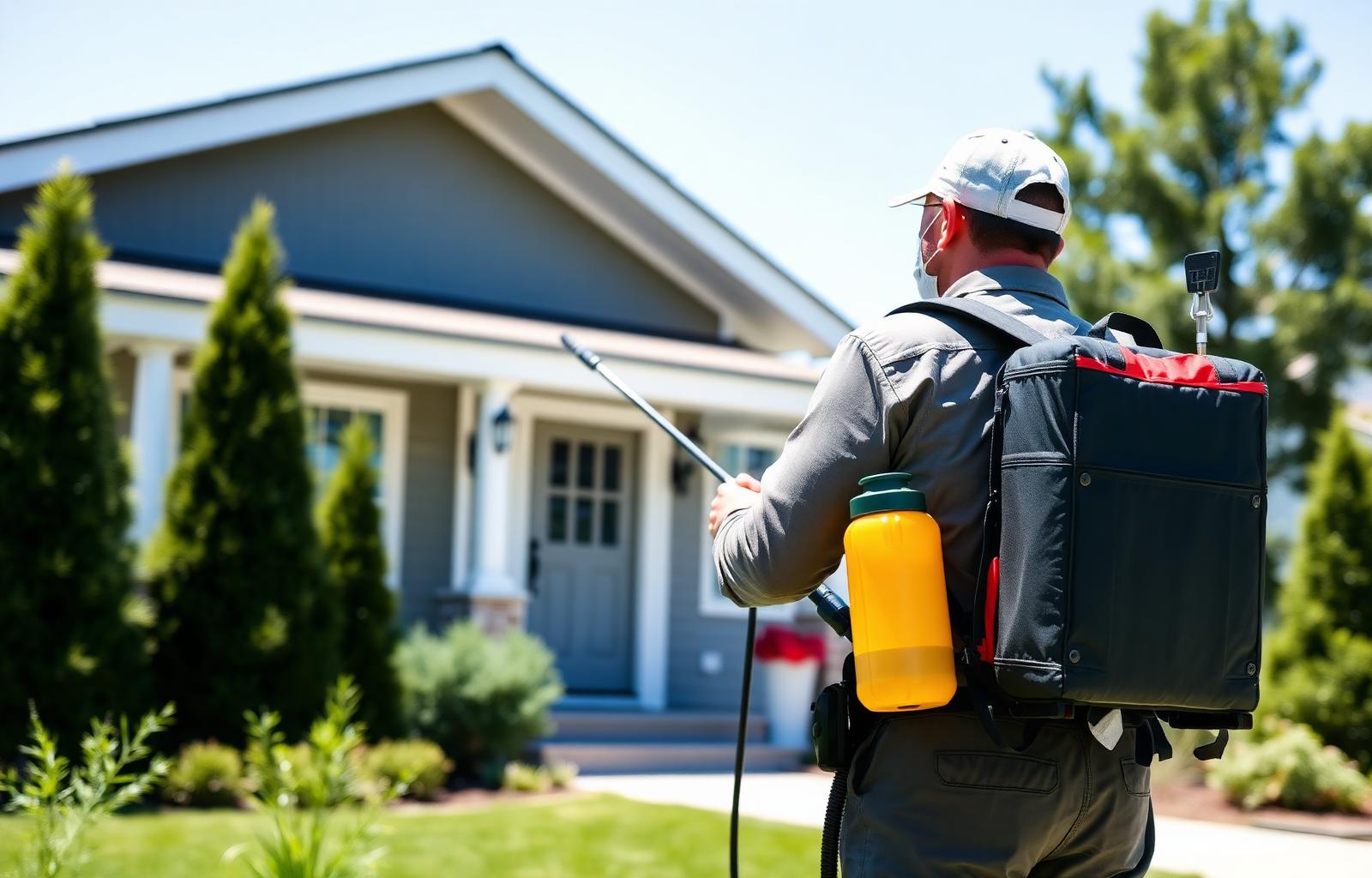 Professional pest control technician treating home